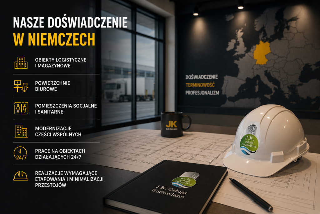 Nasze doświadczenie w Niemczech – remonty i modernizacje obiektów logistycznych, biurowych i komercyjnych realizowane przez J.K. Usługi Budowlane.