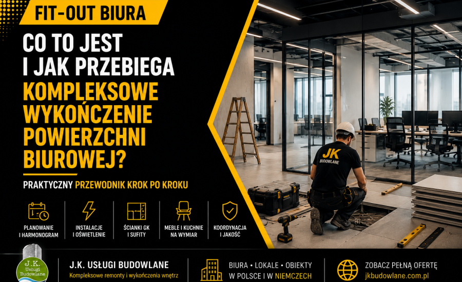 Fit-out biura – kompleksowe wykończenie powierzchni biurowej z wykonaniem ścian GK, instalacji i wyposażenia