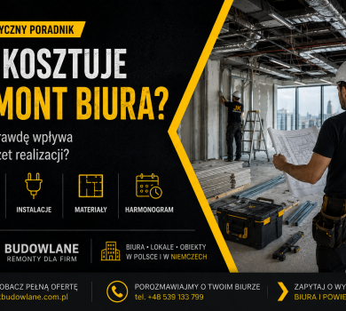 Ile kosztuje remont biura? Pracownik JK Budowlane analizuje projekt modernizacji powierzchni biurowej przed rozpoczęciem prac.
