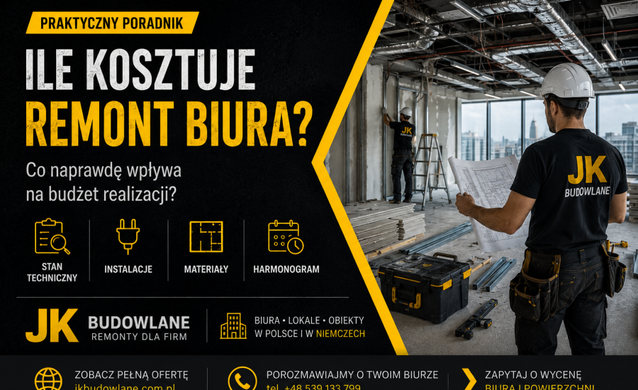 Ile kosztuje remont biura? Pracownik JK Budowlane analizuje projekt modernizacji powierzchni biurowej przed rozpoczęciem prac.