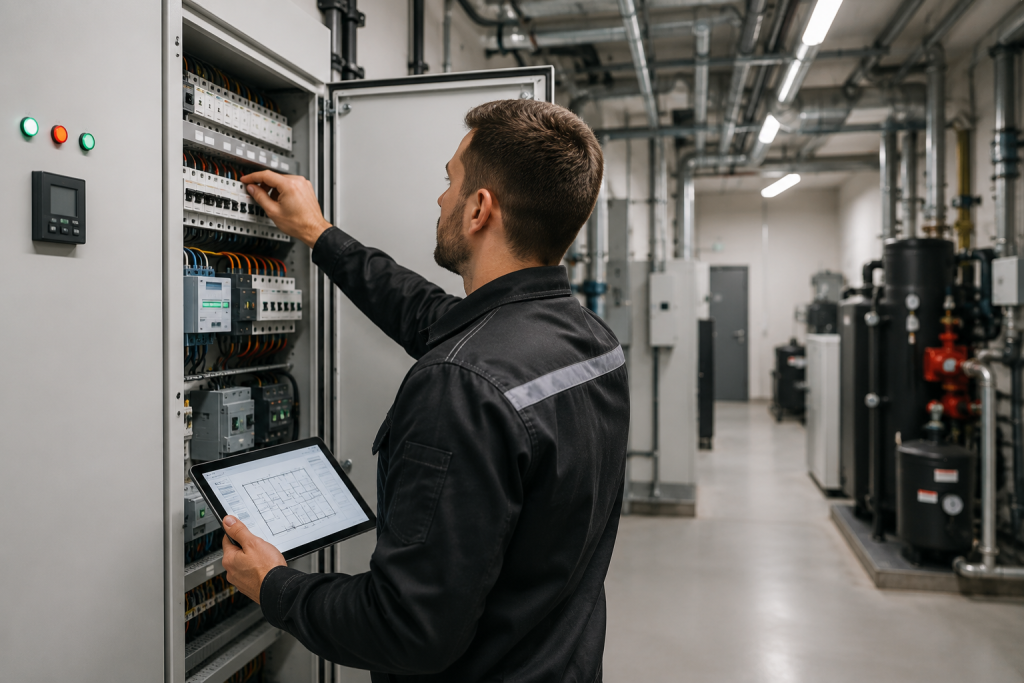 Technik podczas obsługi technicznej instalacji w obiekcie komercyjnym