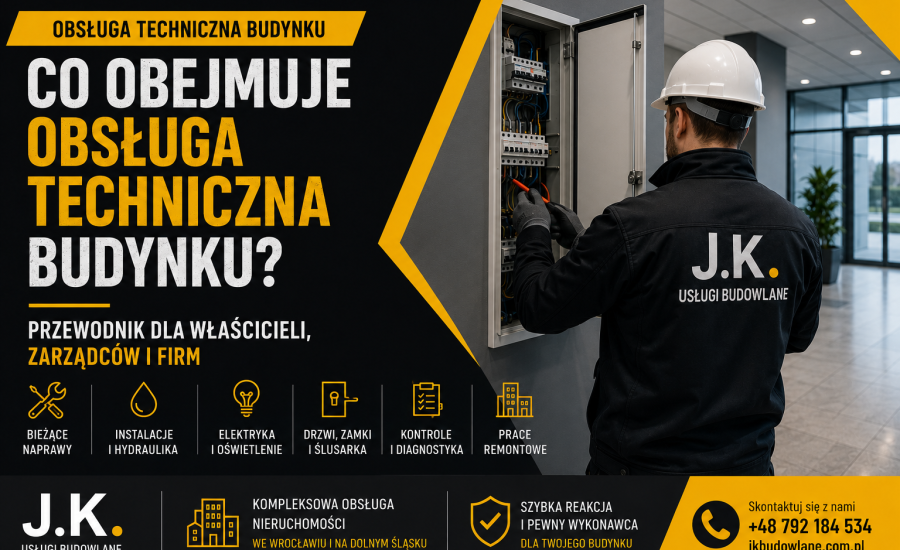 Technik podczas obsługi technicznej budynku komercyjnego